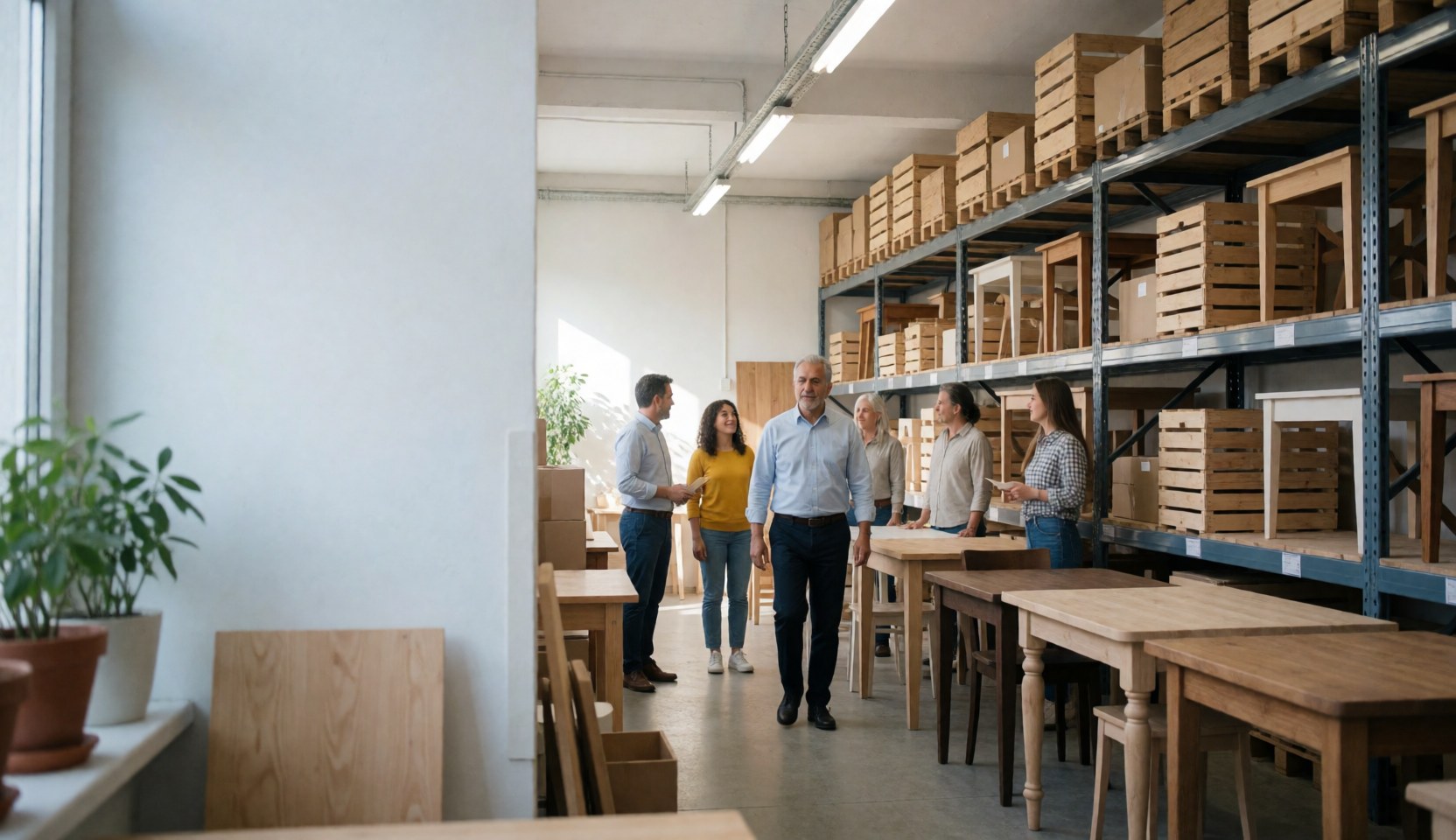 Well-lit industrial furniture warehouse featuring metal shelving units, wooden tables, and people conversing in an organized commercial space.