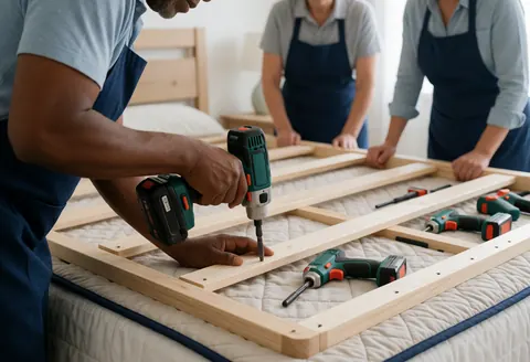 Three workers in aprons assemble a wooden bed on a quilt using cordless screwdrivers in a bright room.