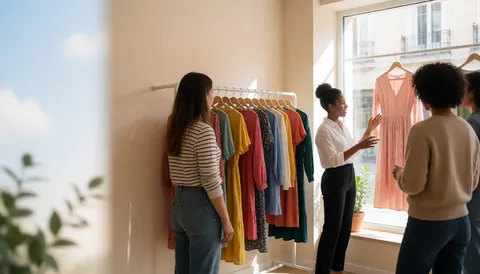 A sales associate presents a pink dress to customers near a window in a clothing store with beige walls and hanging garments.