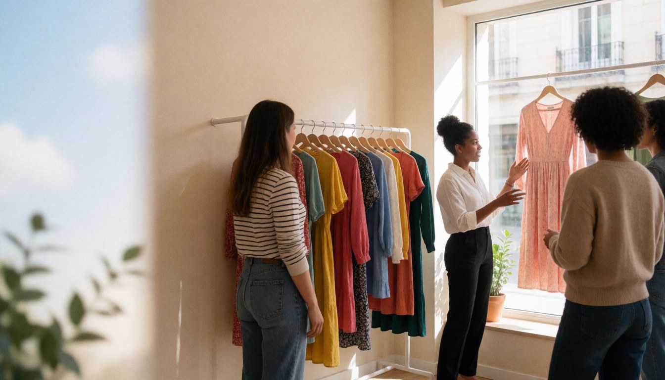 A sales associate presents a pink dress to customers near a window in a clothing store with beige walls and hanging garments.