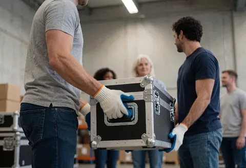 A technician wearing gloves lifts an audio transport box in an industrial warehouse setting.