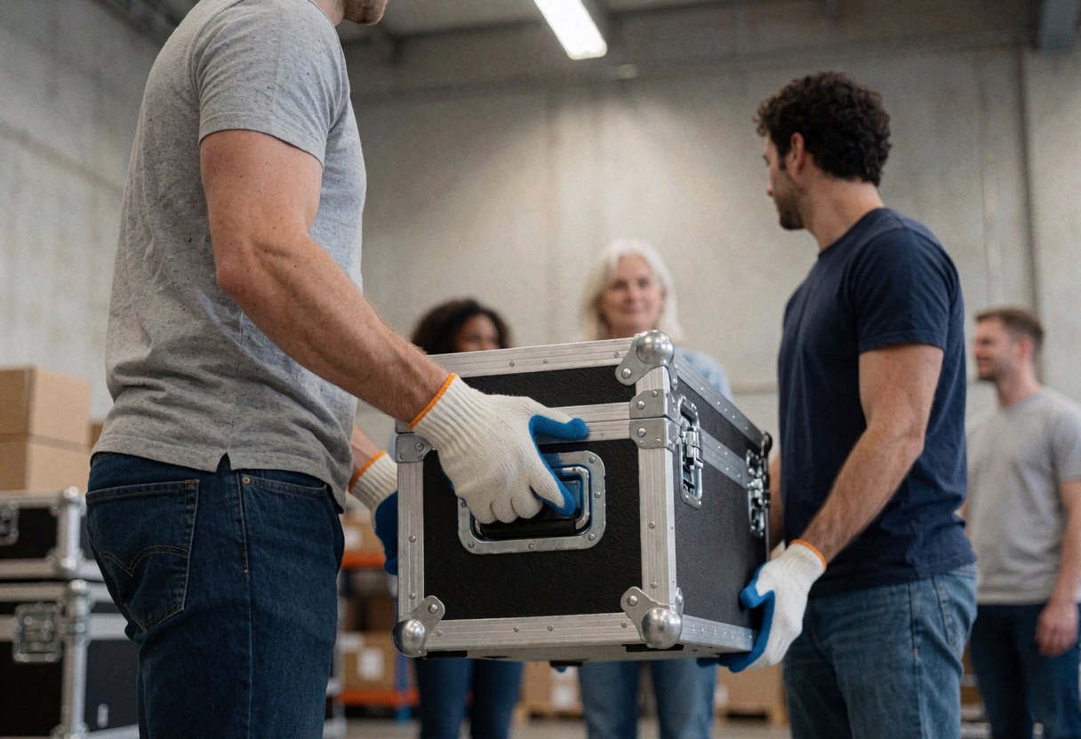 A technician wearing gloves lifts an audio transport box in an industrial warehouse setting.