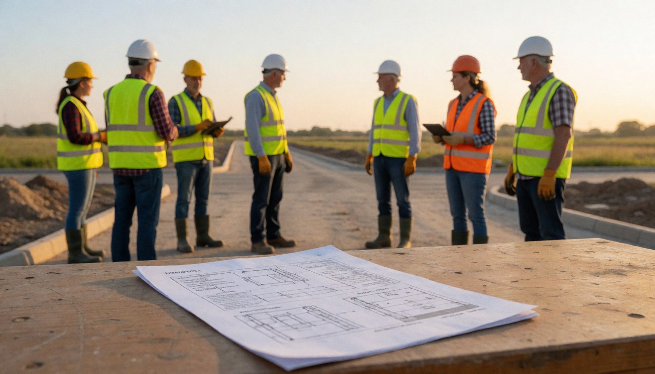 Team of construction workers wearing hard hats and safety vests examining project plans during field work.