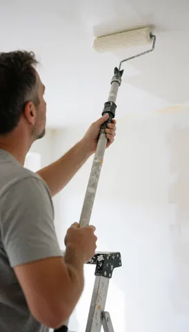 Professional painter using a roller to apply white paint to a ceiling while standing on a ladder in a well-lit room.