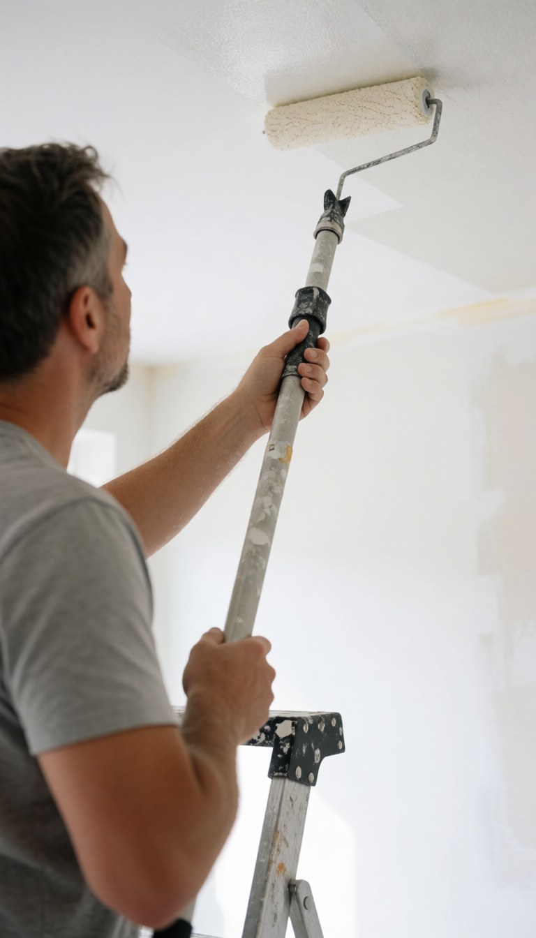 Professional painter using a roller to apply white paint to a ceiling while standing on a ladder in a well-lit room.