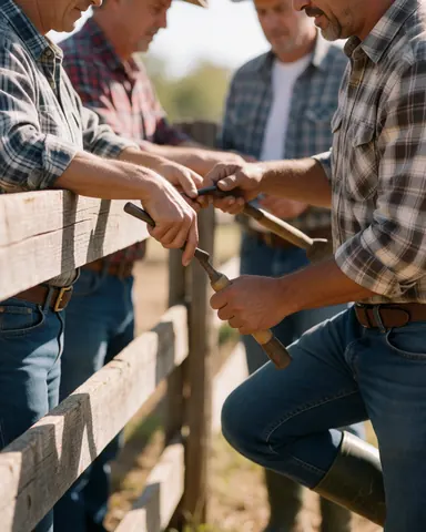 Four men work together constructing a wooden fence in an open field under direct sunlight using carpentry tools.