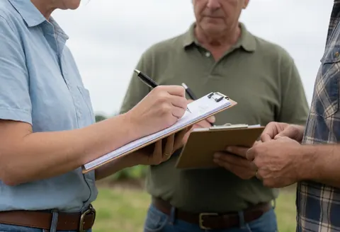A woman writes notes on a clipboard while two men observe nearby in an open field during cloudy weather.