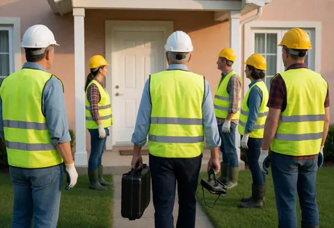 Team of inspectors with helmets and vests using a drone for home inspection near a terracotta house