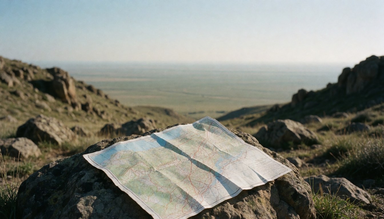 Topographic map spread over a rock in a rural landscape with a valley and clear sky