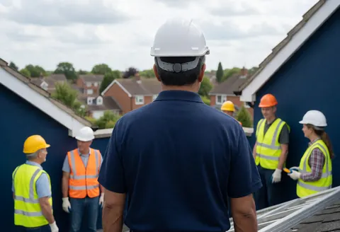 Construction inspector wearing a white helmet observes residential rooftops with blue walls while workers in reflective vests work nearby.