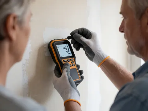 Close-up of a gloved hand holding a digital moisture meter against a painted wall to measure humidity levels during an inspection.