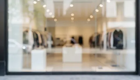 Out-of-focus background of a clothing store featuring hanging racks and white display furniture, suitable for commercial text overlays.