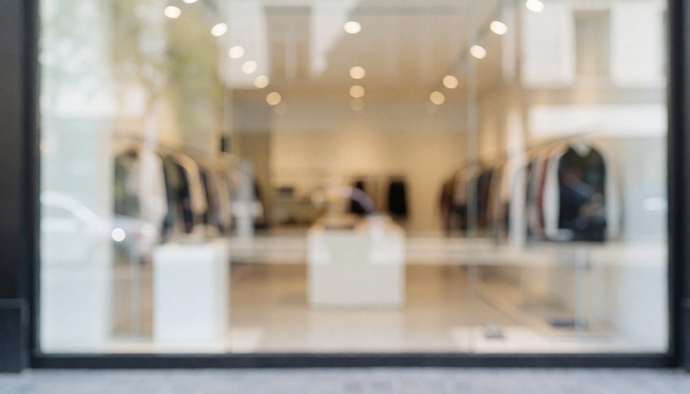 Out-of-focus background of a clothing store featuring hanging racks and white display furniture, suitable for commercial text overlays.