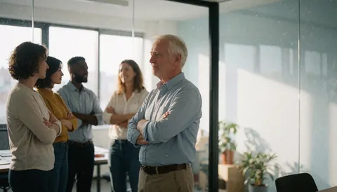Group of professionals standing with arms crossed in a modern office with natural light and plants.