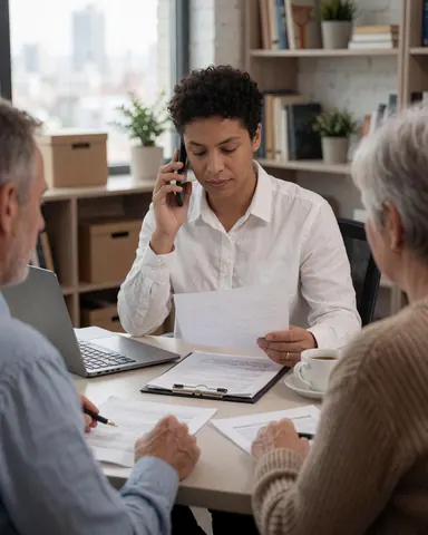 A business professional speaks on a mobile phone while reviewing documents during an office meeting.