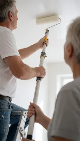 A painter uses an extension roller to paint a white ceiling in a naturally lit room while another person assists.