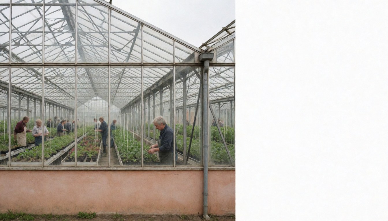 Workers managing rows of plants inside a large greenhouse with terracotta walls under an overcast sky.