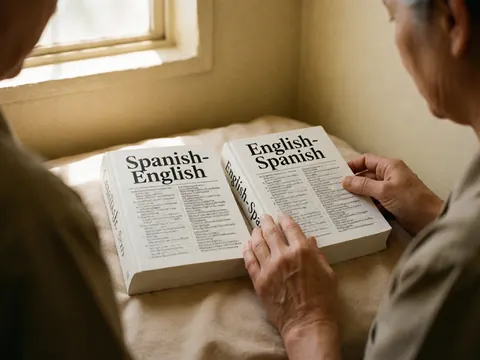 Close-up of hands turning pages in Spanish-English and English-Spanish dictionaries on beige fabric with natural window light.