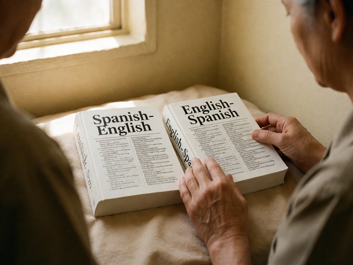 Close-up of hands turning pages in Spanish-English and English-Spanish dictionaries on beige fabric with natural window light.