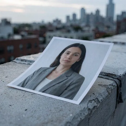 A professional woman wearing a gray blazer stands on a concrete ledge with an urban skyline visible in the background during sunset.