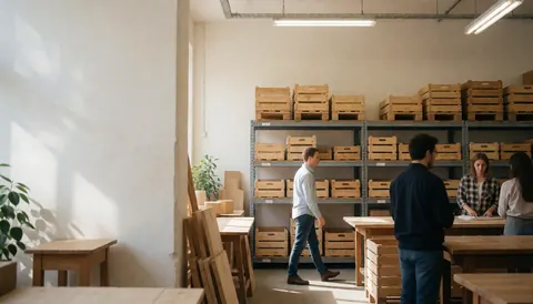 Furniture workshop featuring stocked shelves, finished wooden tables, and workers in a bright professional environment.