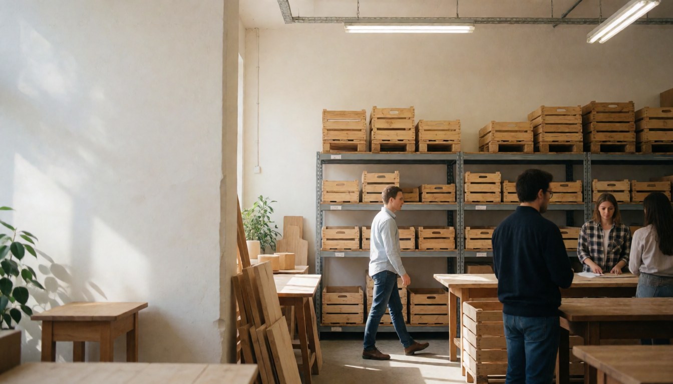 Furniture workshop featuring stocked shelves, finished wooden tables, and workers in a bright professional environment.