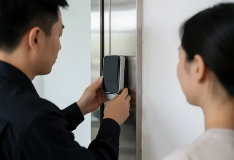 Security technician installs a biometric scanner on a stainless steel door while a person observes the process.
