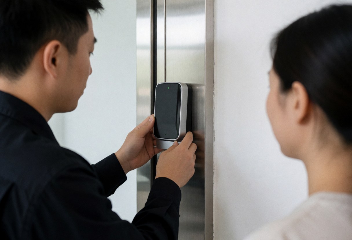 Security technician installs a biometric scanner on a stainless steel door while a person observes the process.