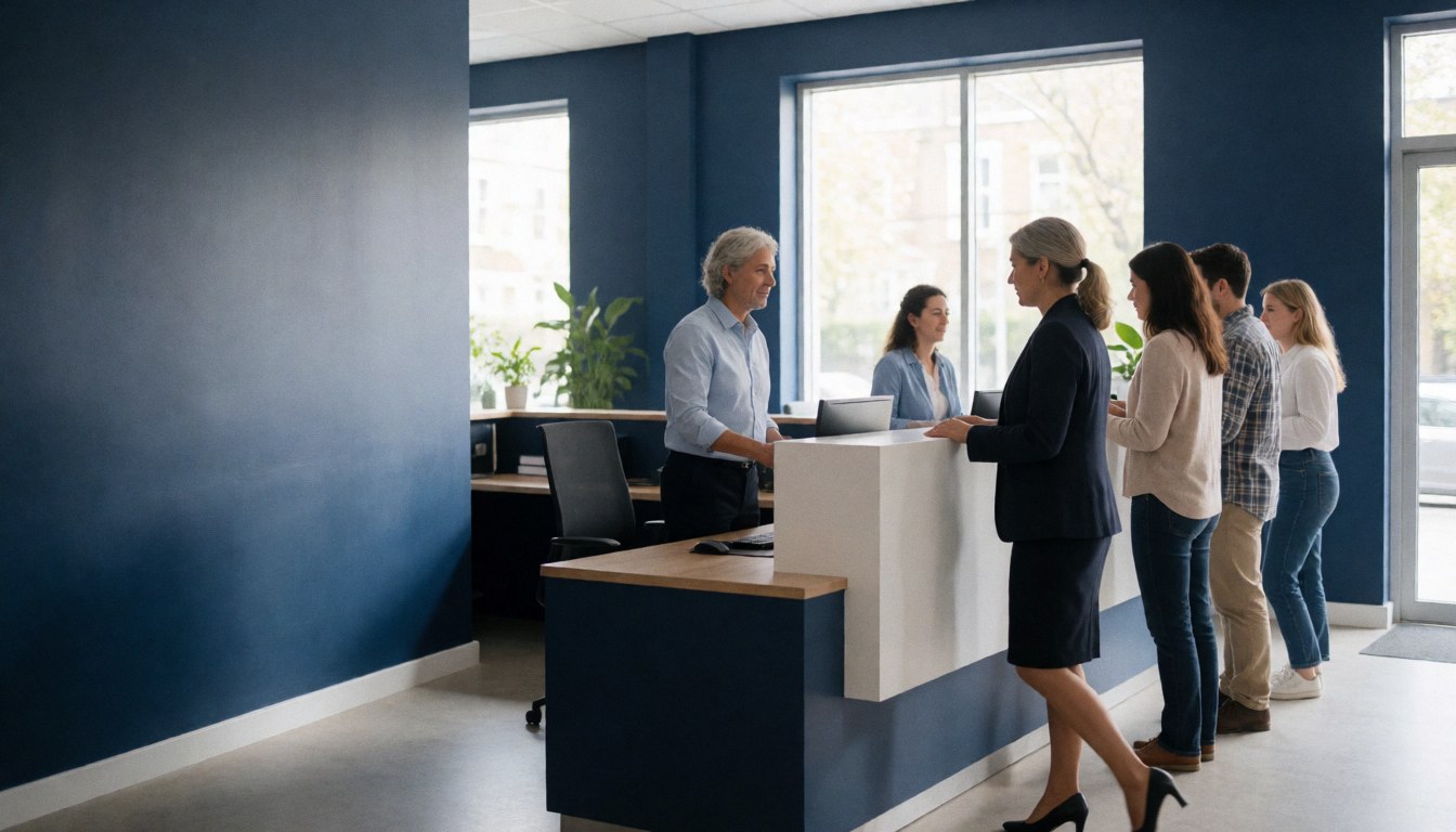 A queue of customers stands before a modern reception counter with blue walls in a bright, open office space.