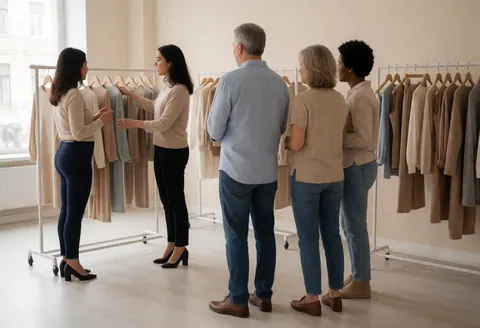 A stylist provides fashion advice to clients among hanging garments and natural light in a retail setting.