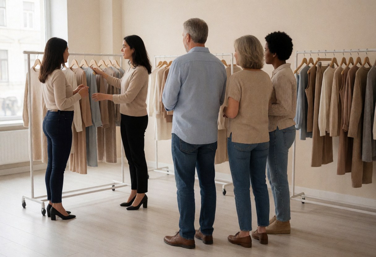 A stylist provides fashion advice to clients among hanging garments and natural light in a retail setting.