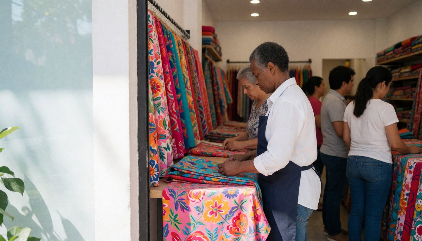 A customer browsing through vibrant fabric rolls on shelves near a window with natural light.