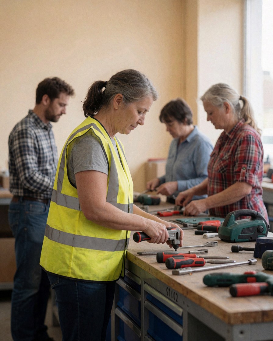 Four workers arranging electric tools on a workbench with beige walls in an industrial setting.