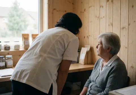 A therapist attends to a seated client in a room with light wood walls and natural window light.