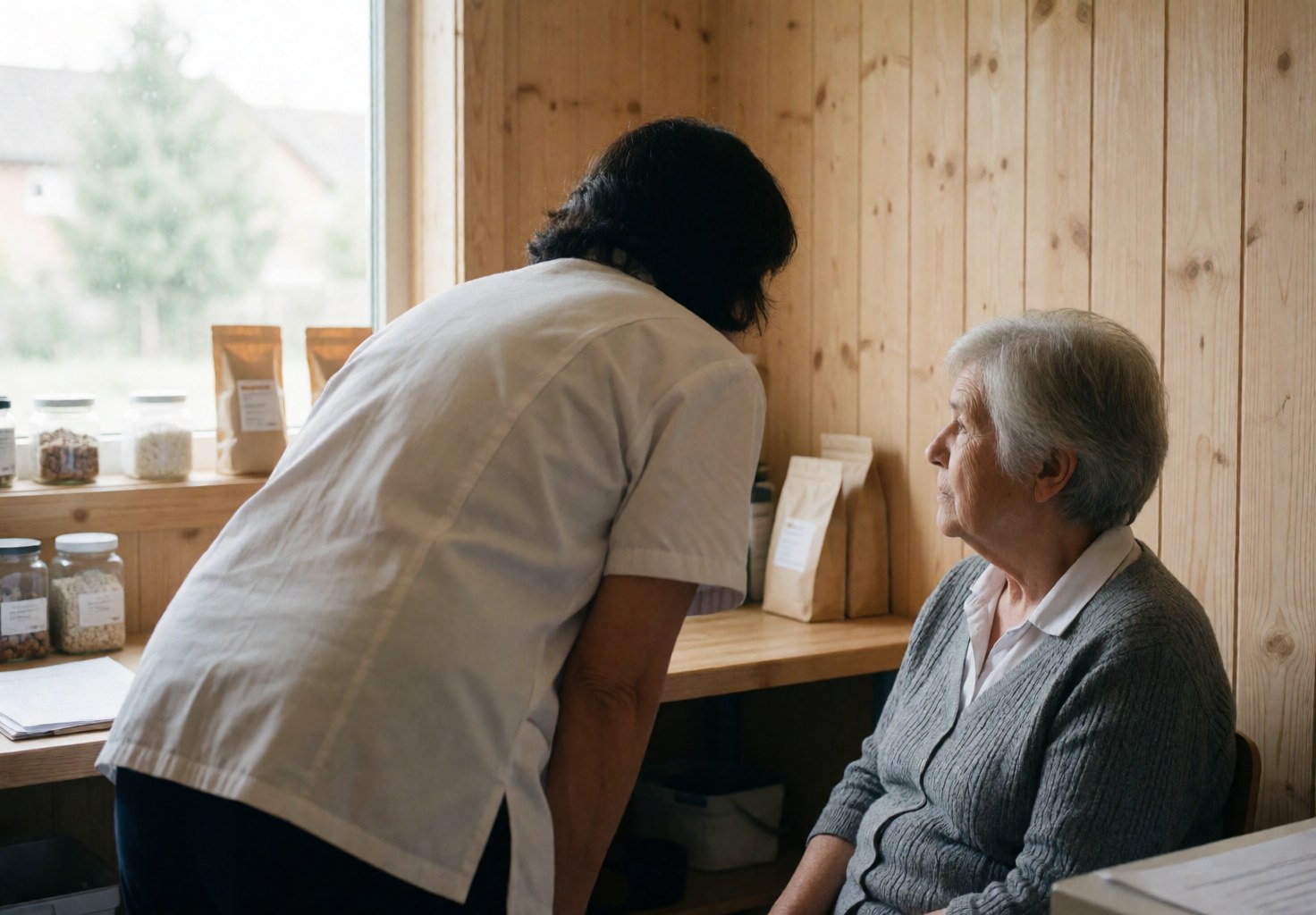 A therapist attends to a seated client in a room with light wood walls and natural window light.