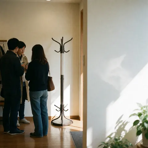 Metal hanger rack positioned near the entrance of a furniture store with wooden flooring and warm white walls illuminated by natural light.