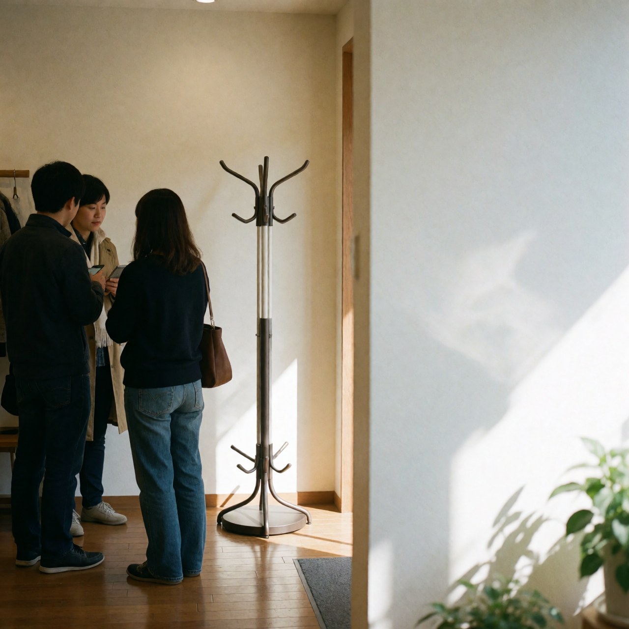 Metal hanger rack positioned near the entrance of a furniture store with wooden flooring and warm white walls illuminated by natural light.