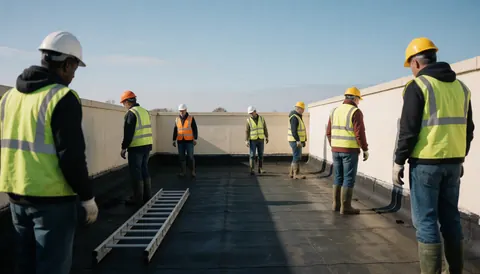 A group of workers wearing helmets and vests inspecting an asphalt tarp under a clear blue sky.