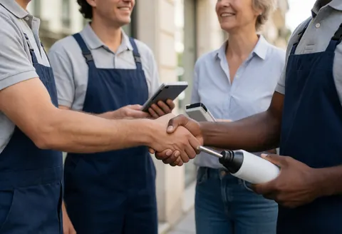 Two technicians in coveralls shake hands with a smiling client on a street while one holds a white tool against an urban background.