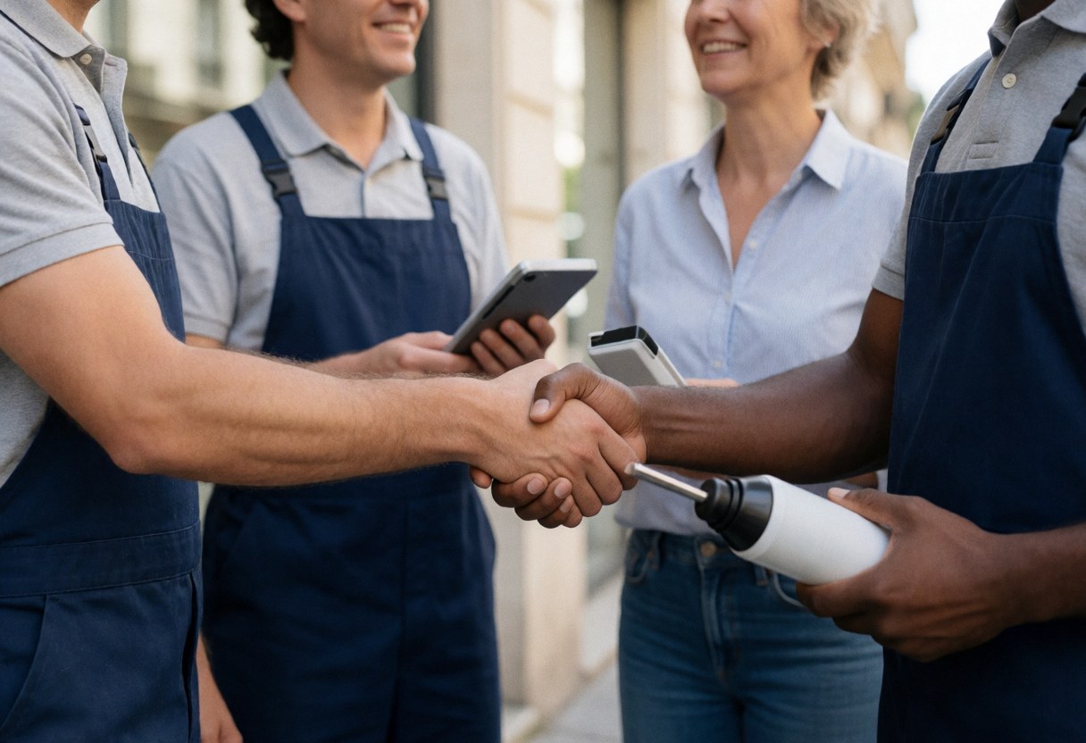 Two technicians in coveralls shake hands with a smiling client on a street while one holds a white tool against an urban background.