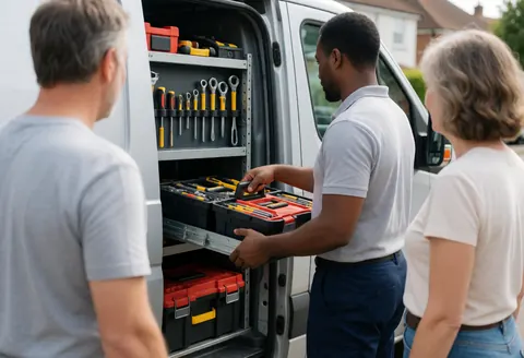 Service technician retrieving organized tools from a work van while two clients watch nearby on a residential street.