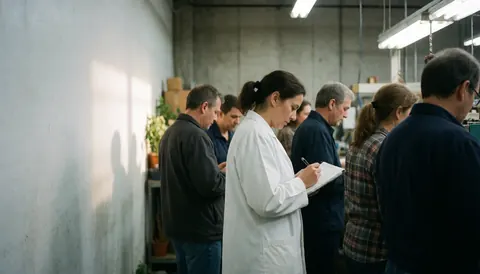 Inspector in white coat writing in notebook while standing with group of factory workers during industrial inspection