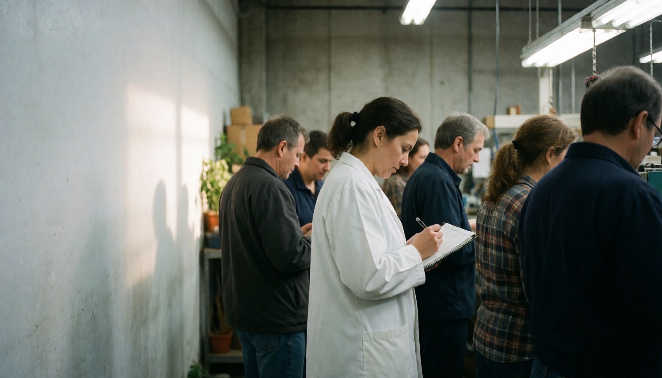 Inspector in white coat writing in notebook while standing with group of factory workers during industrial inspection