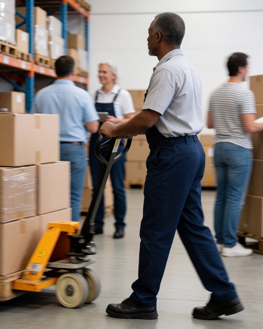 A worker pushes a hand truck loaded with boxes through a warehouse aisle while other employees work near storage shelves in the background.