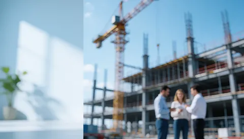 A yellow crane operates near a steel framework at an industrial construction site with three people conversing in the foreground.
