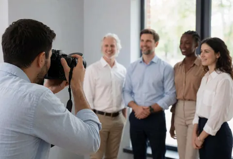 Professional photographer capturing a group of five people in a modern office with gray walls and natural light.