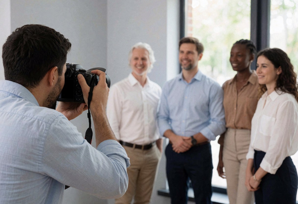 Professional photographer capturing a group of five people in a modern office with gray walls and natural light.