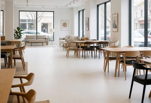 Modern living room featuring wooden furniture, large windows, and white flooring, ideal for a furniture store display.