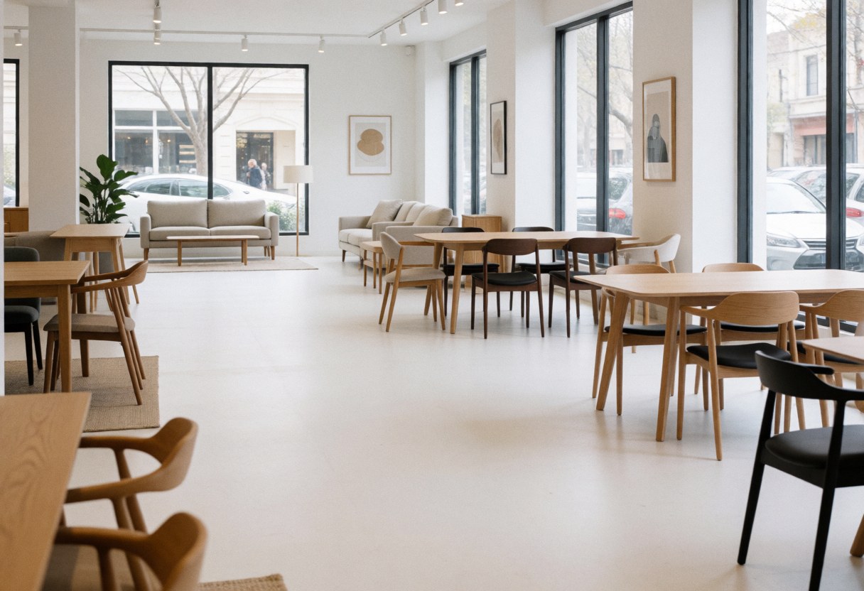 Modern living room featuring wooden furniture, large windows, and white flooring, ideal for a furniture store display.