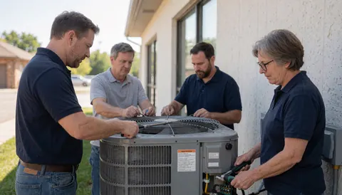 Four technicians working on an exterior air conditioning unit mounted on a commercial building wall under bright sunlight.